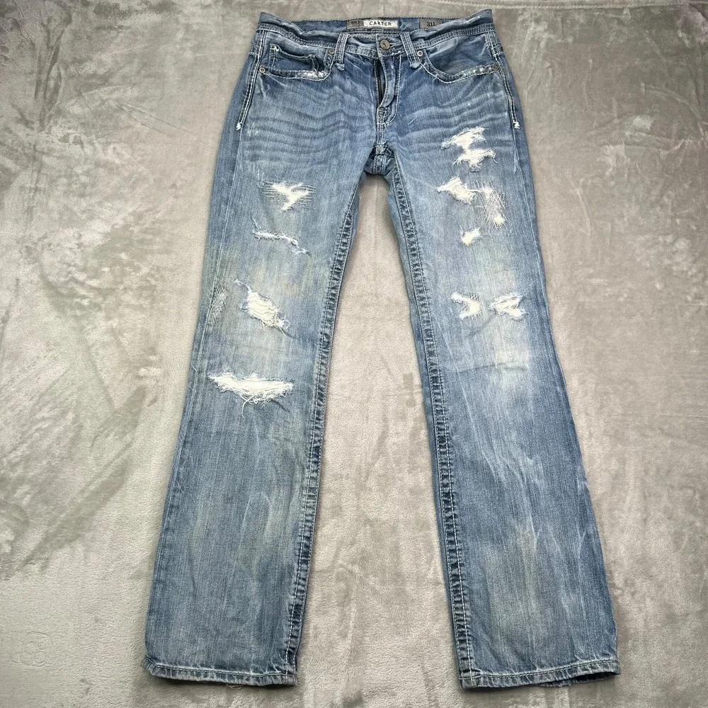 BKE Carter Jeans Mens‎ 31L (31x33) Blue Straight Leg Distressed Faded Whiskered